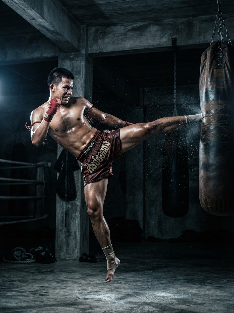 Muay Thai fighter mid-roundhouse kick